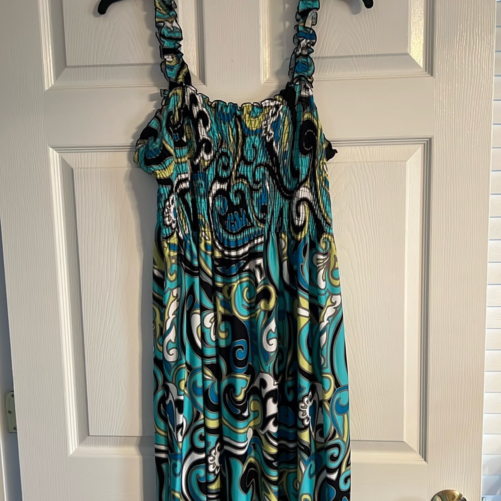 Blue, black, lime green dress